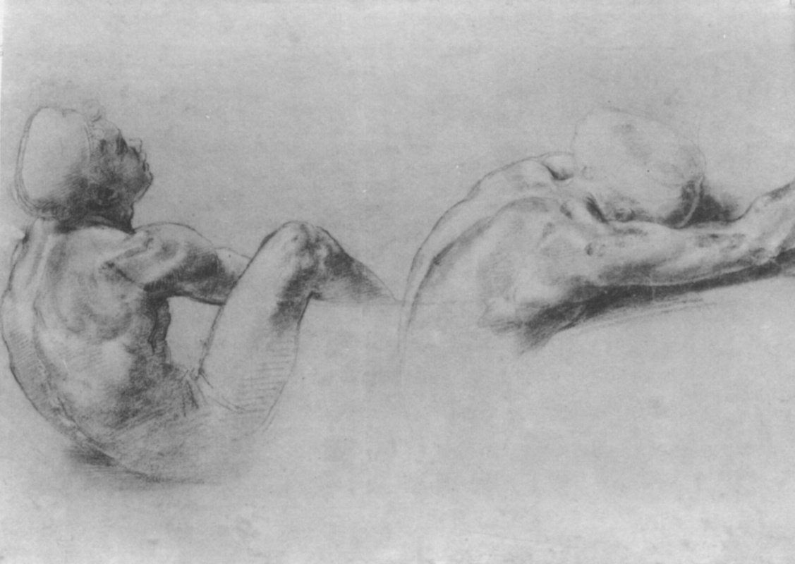 Raphael Sanzio. A sketch of two seated Nude boys to paint the hall of Constantine Palace of the Pope in the Vatican