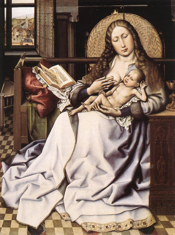 Robert Kampen. Madonna and child with a book by the fireplace