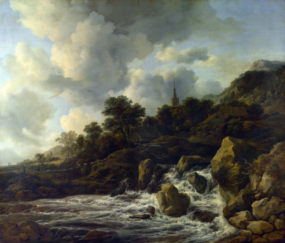 Jakob van Isaacs Ruisdael. Waterfall at the foot of the hill, near the village
