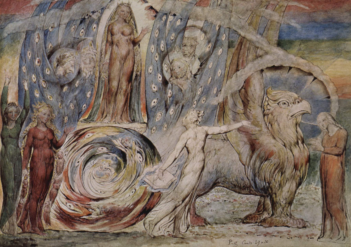 William Blake. Beatrice talks to Dante from his car. Illustrations for "the divine Comedy"