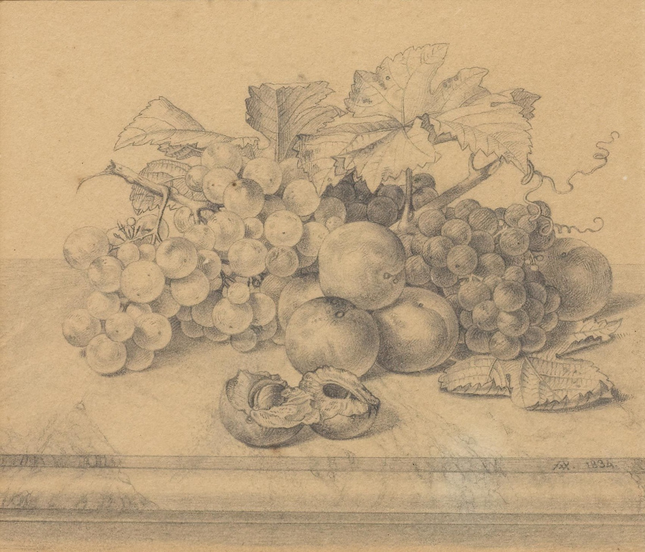 Johann Wilhelm Prairie. Still life with fruit and nuts on a marble table. 1834