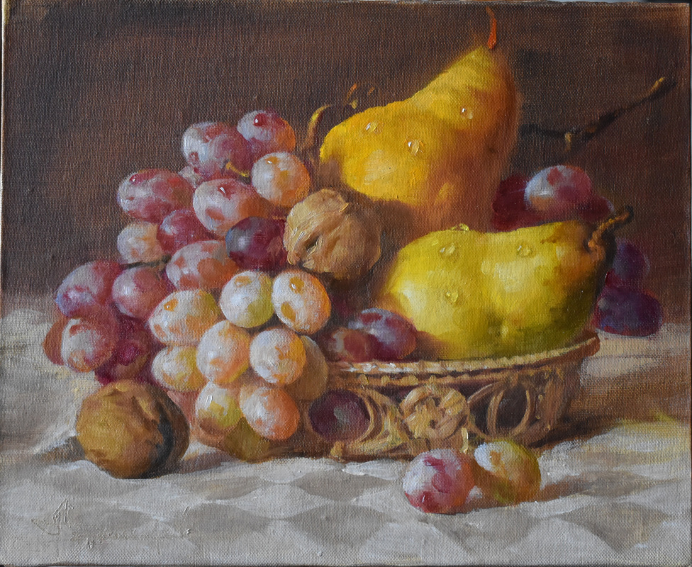 Andrey Bashirov. Frutas y nueces en una canasta