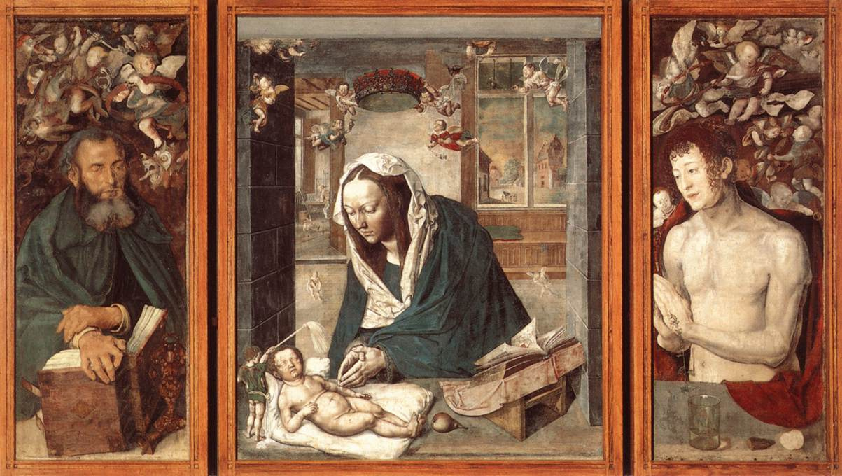 Albrecht Dürer. The Dresden altar. Central part: the Madonna and child; left wing: Saint Anthony; right: St. Sebastian