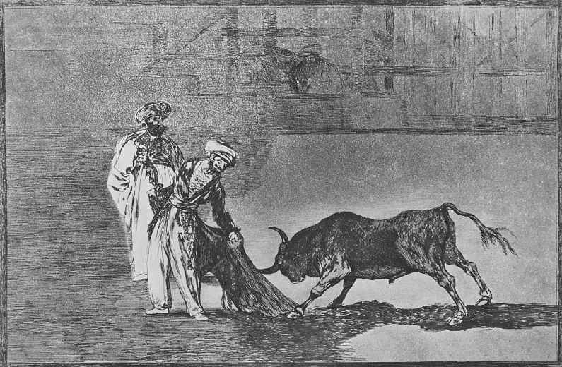 Francisco Goya. A series of "Tauromachia", sheet 04: In another case, they teased the bull with a Cape on a fenced plot