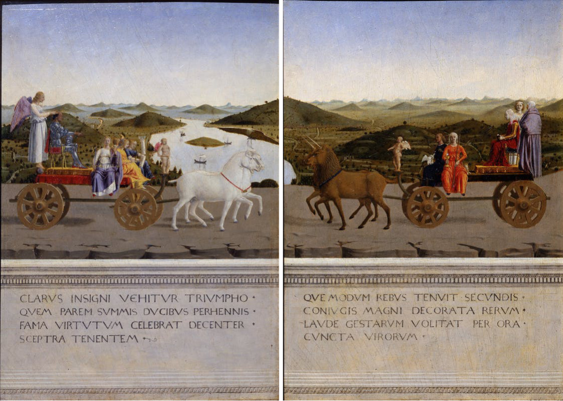 Piero della Francesca. The Duke and Duchess on a triumphal chariot