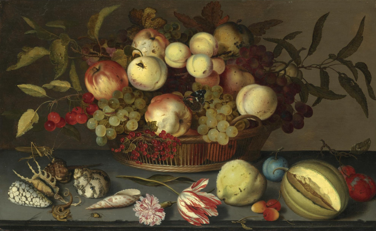 Балтазар ван дер Аст. Фрукты в корзине и раковины, цветы и фрукты на столе