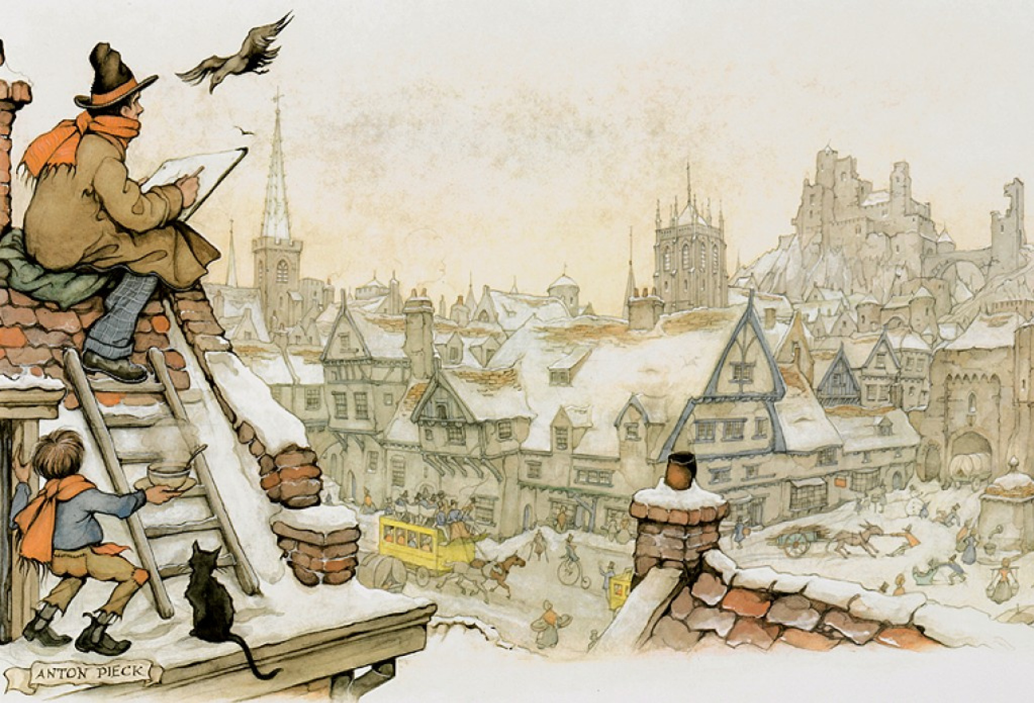 Winter scene. Artist on the roof, 1950, 34×24 cm by Anton Pieck