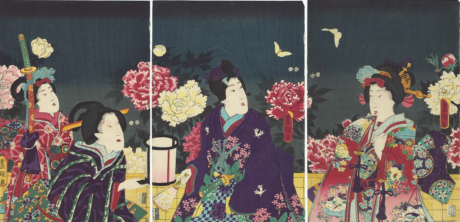 Utagawa Kunisada. Triptych: Night contemplation of blooming peonies