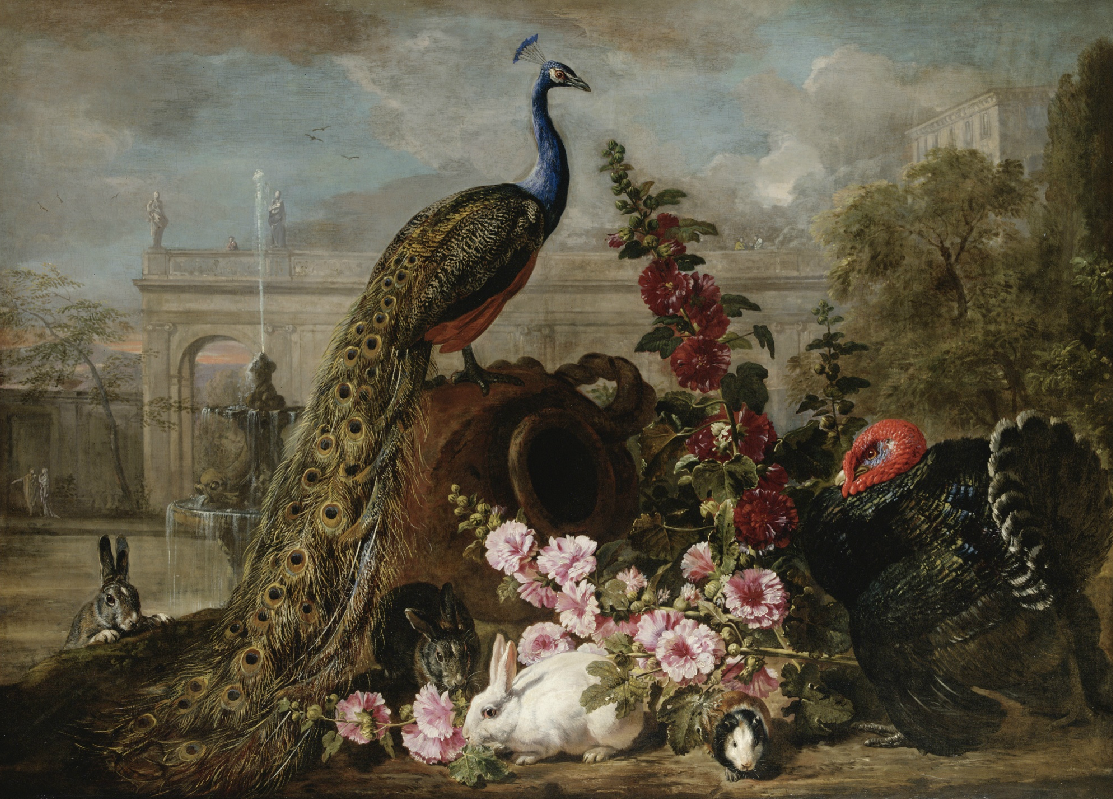 De Koninck David. Landscape with peacocks, rabbits and Turkey