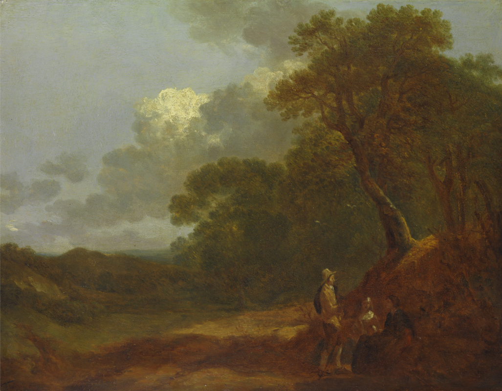 Thomas Gainsborough. Wooded landscape with man talking to two seated women