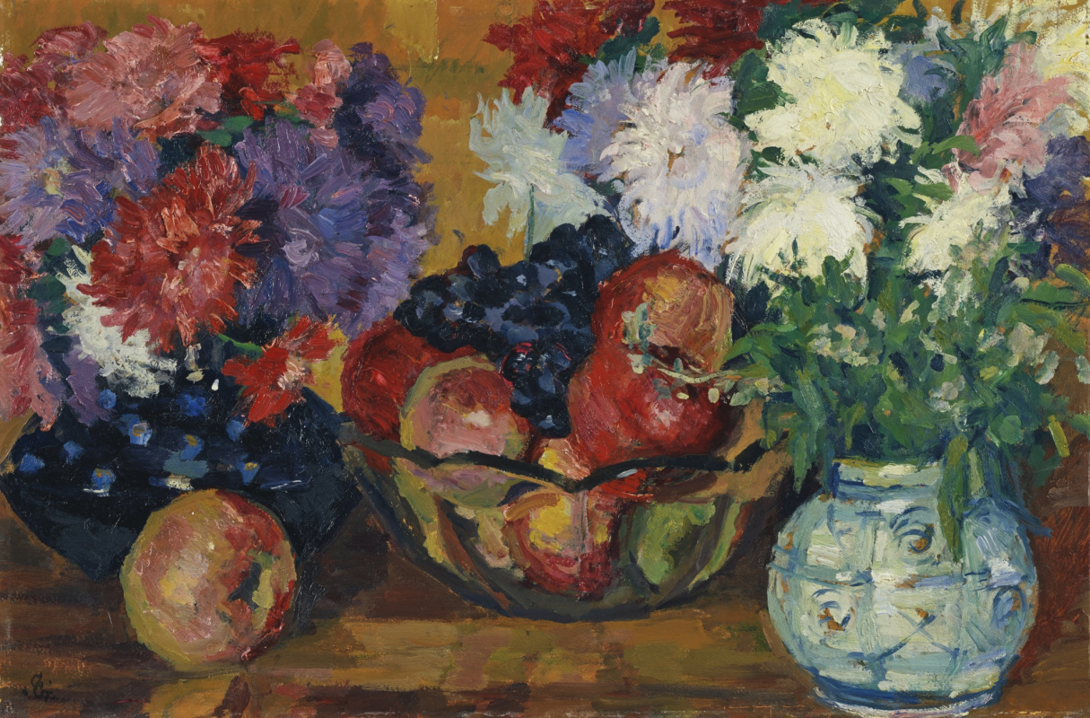 Giovanni Giacometti. Still life with asters, apples and grapes