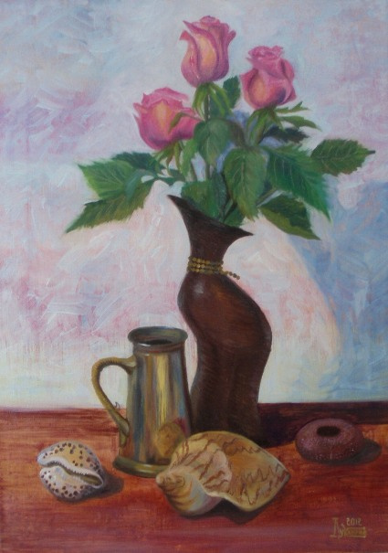 Larissa Lukaneva. Still life with roses and shells