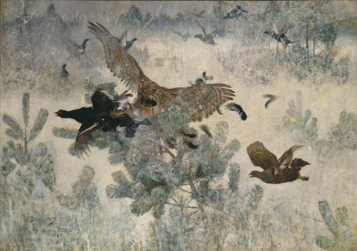 Bruno Liljefors. The owl and the birds