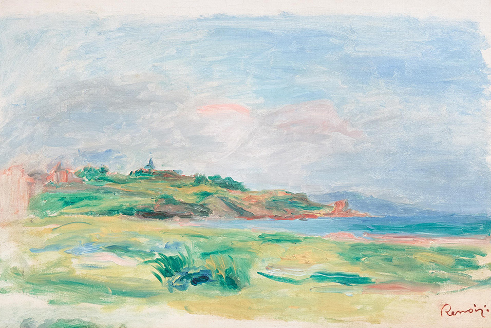 Pierre Auguste Renoir. 海湾，海，绿色岩石