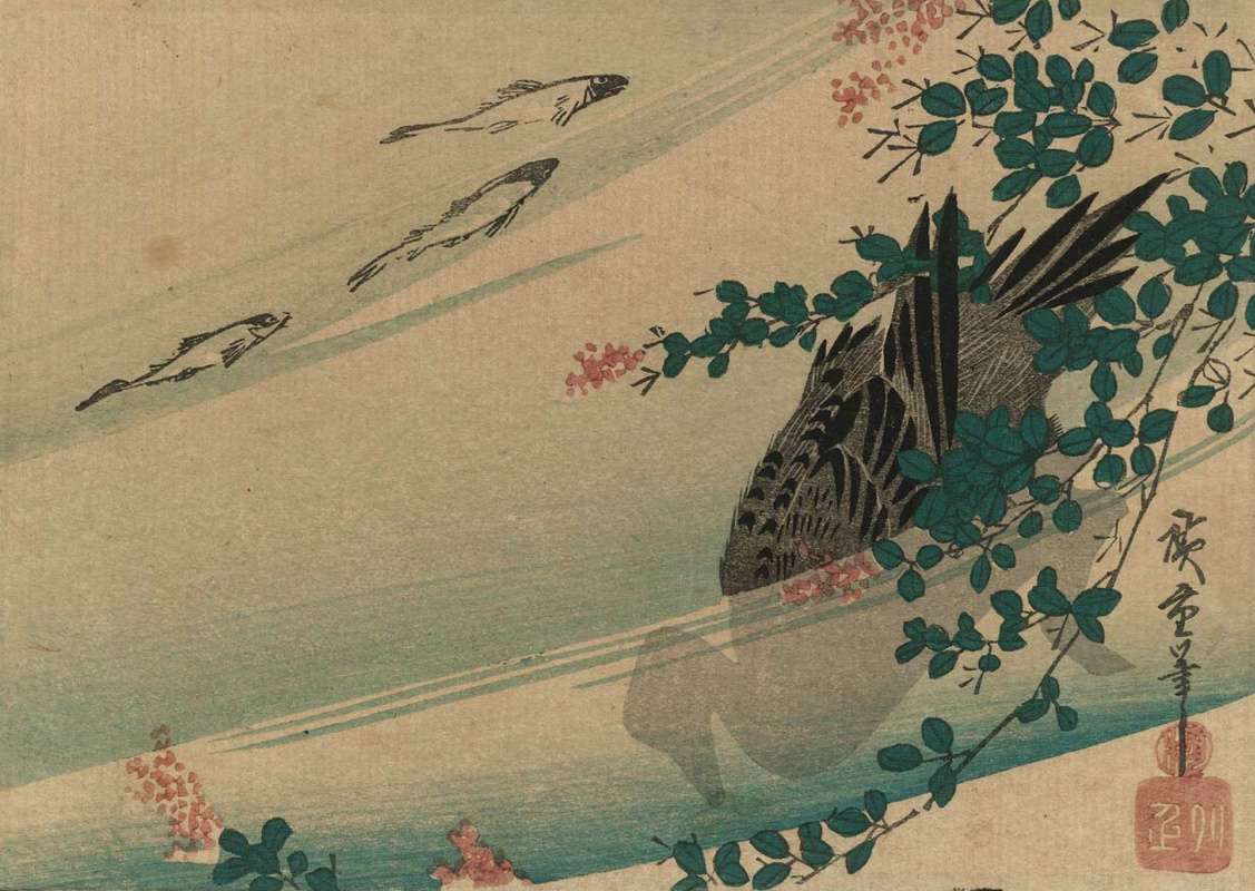 Utagawa Hiroshige. Diving duck and a fish swimming downstream