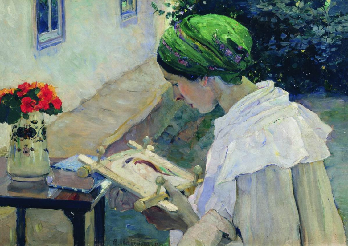 Mikhail Vasilyevich Nesterov. 刺绣背后（E.P. Nesterova的肖像）