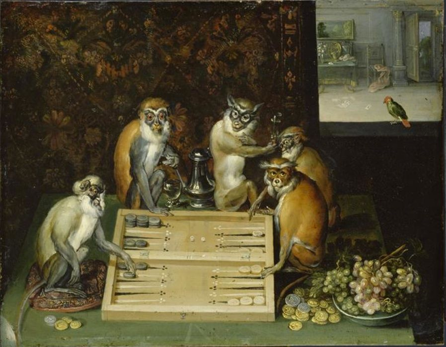 Frans Franken the Younger. Monkeys playing backgammon
