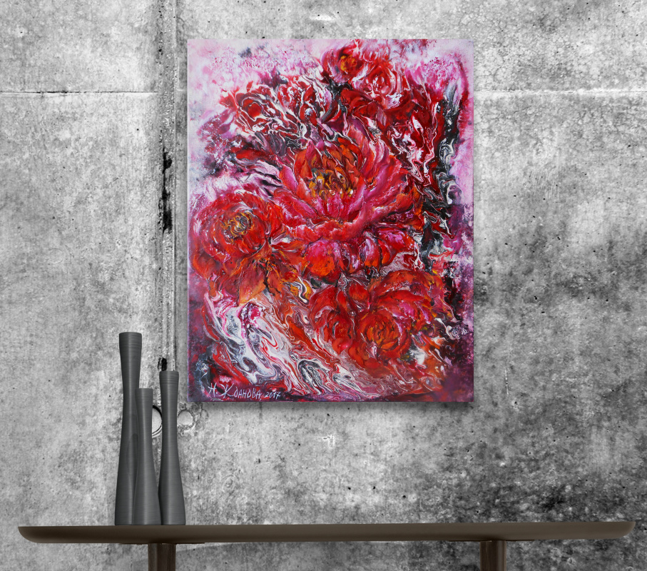 Abstract Peonies flowers painting Red and Black