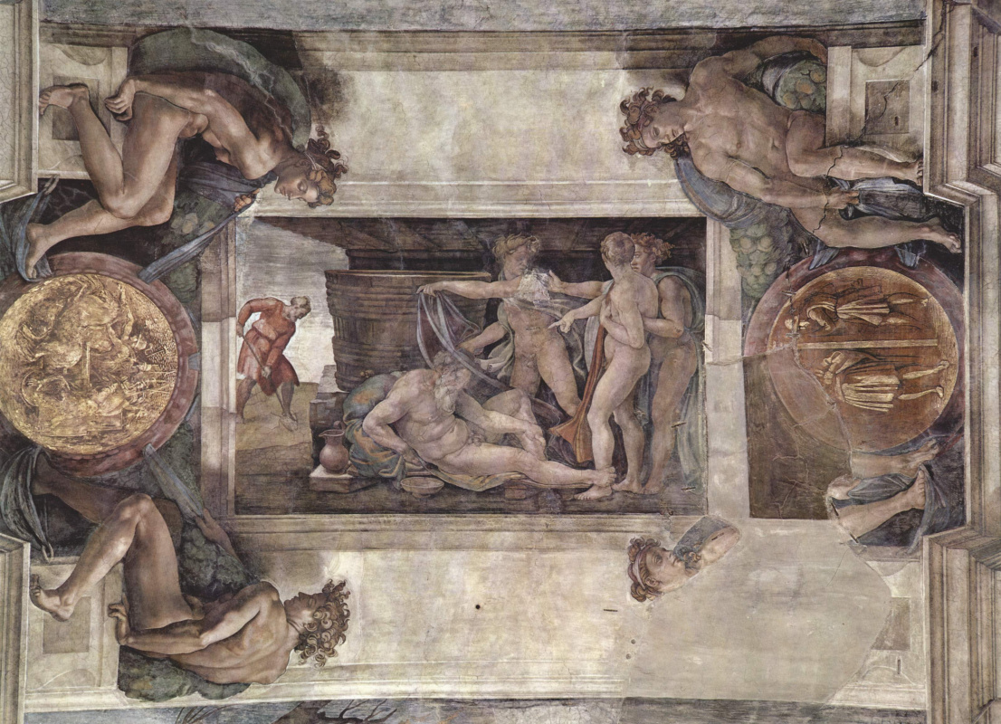 The ceiling of the Sistine chapel. Detail. Drunkenness of Noah.