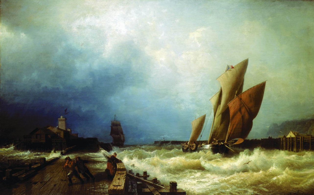 Alexey Petrovich Bogolyubov. Entrance of a fishing vessel to a storm in the harbor of Saint-Valery in Co. (France)