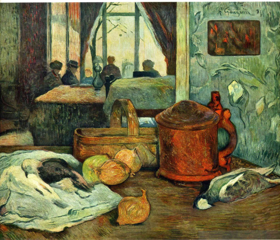 Paul Gauguin. Still life of onions and pigeons and room interior in Copenhagen