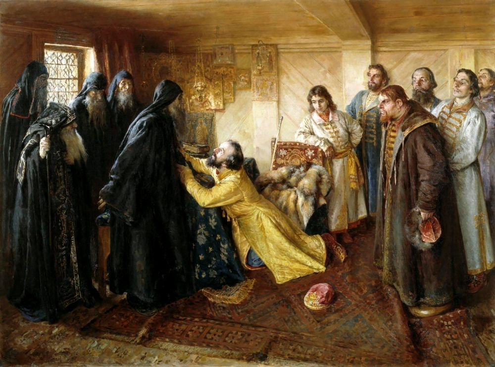 Claudius Vasilyevich Lebedev. Tsar Ivan the terrible asks Abbot Cornelius to mow him to the monks