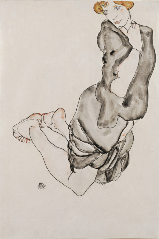 Egon Schiele. A woman in a gray cloak, kneeling