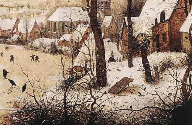 Pieter Bruegel The Elder. Winter landscape with ice-skating and a trap for the birds. Fragment