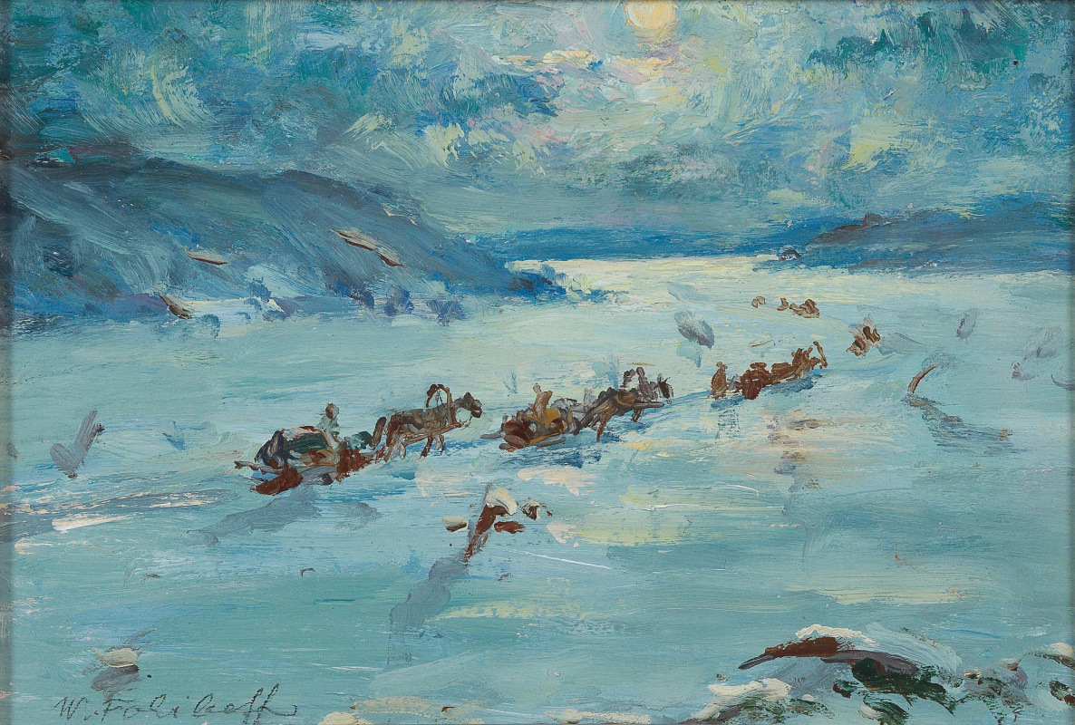 Vadim Dmitrievich Falileev. Horse-Drawn Sleighs in an Open Winter Landscape