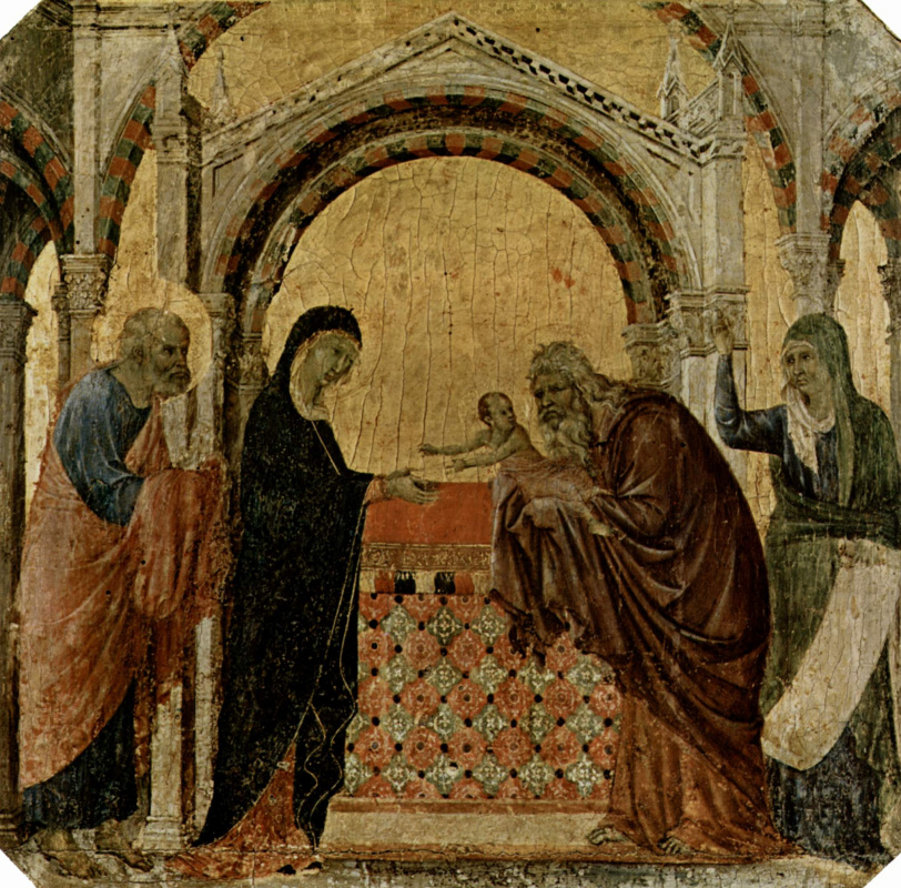 Duccio di Buoninsegna. Maesta, altar of Siena Cathedral, front, predella with scenes from the childhood of Jesus and the prophets, Candlemas
