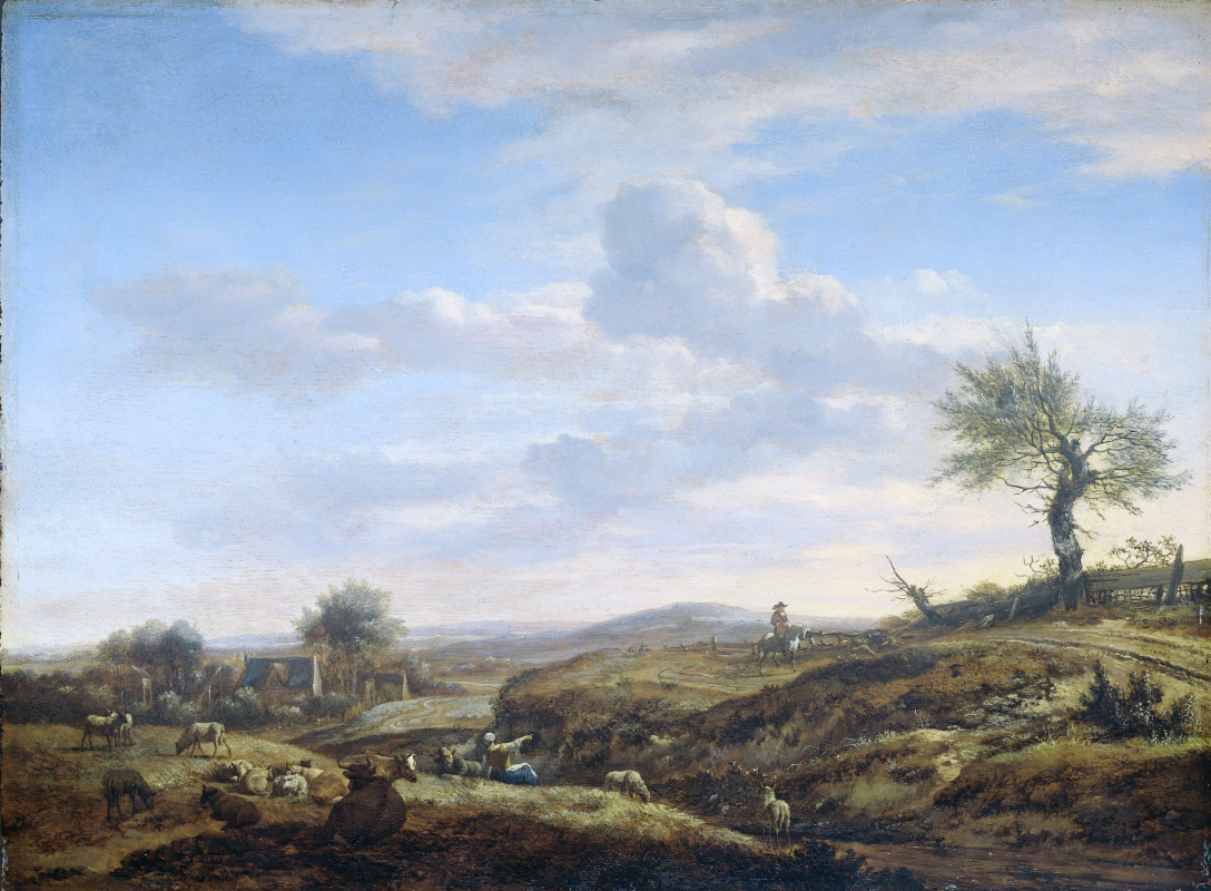 Adrian van de Velde. Hilly landscape with a highway