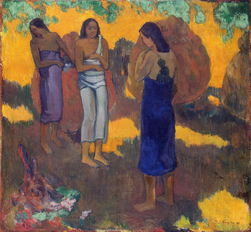 Paul Gauguin. Three of the Tahitian on a yellow background