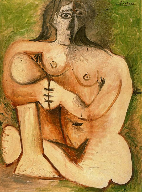 Pablo Picasso. Woman squatting on a green background