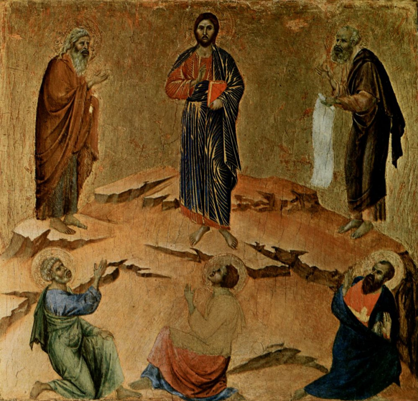 Duccio di Buoninsegna. Maesta, altar of Siena Cathedral, downside, predella with scenes of the Temptation of Christ and Miracles