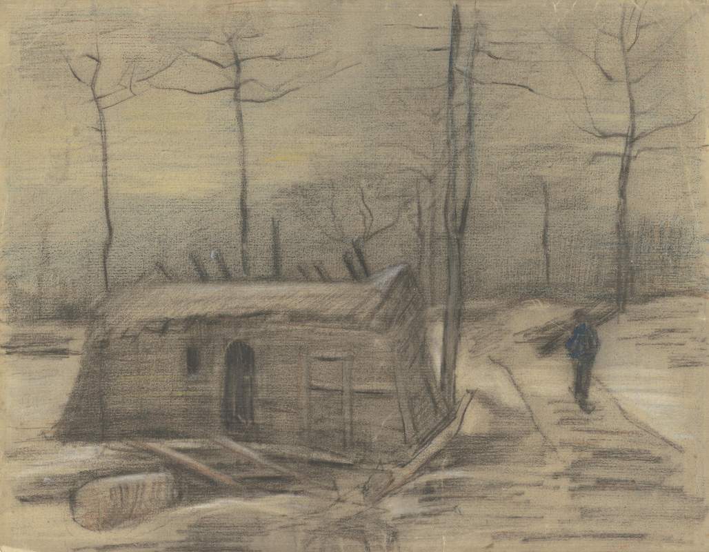 Vincent van Gogh. 与小屋和图的冬天风景