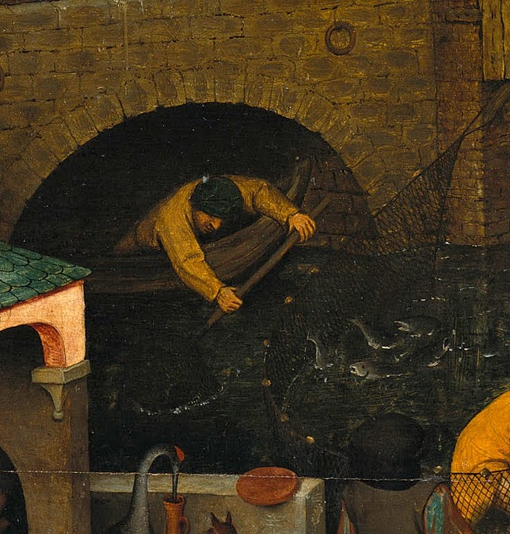 Pieter Bruegel The Elder. Flemish proverbs. Fragment: Fishing past the net - miss the opportunity