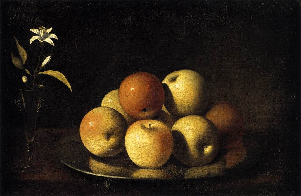 Juan de Zurbaran. Still life with plate of apples and orange blossom