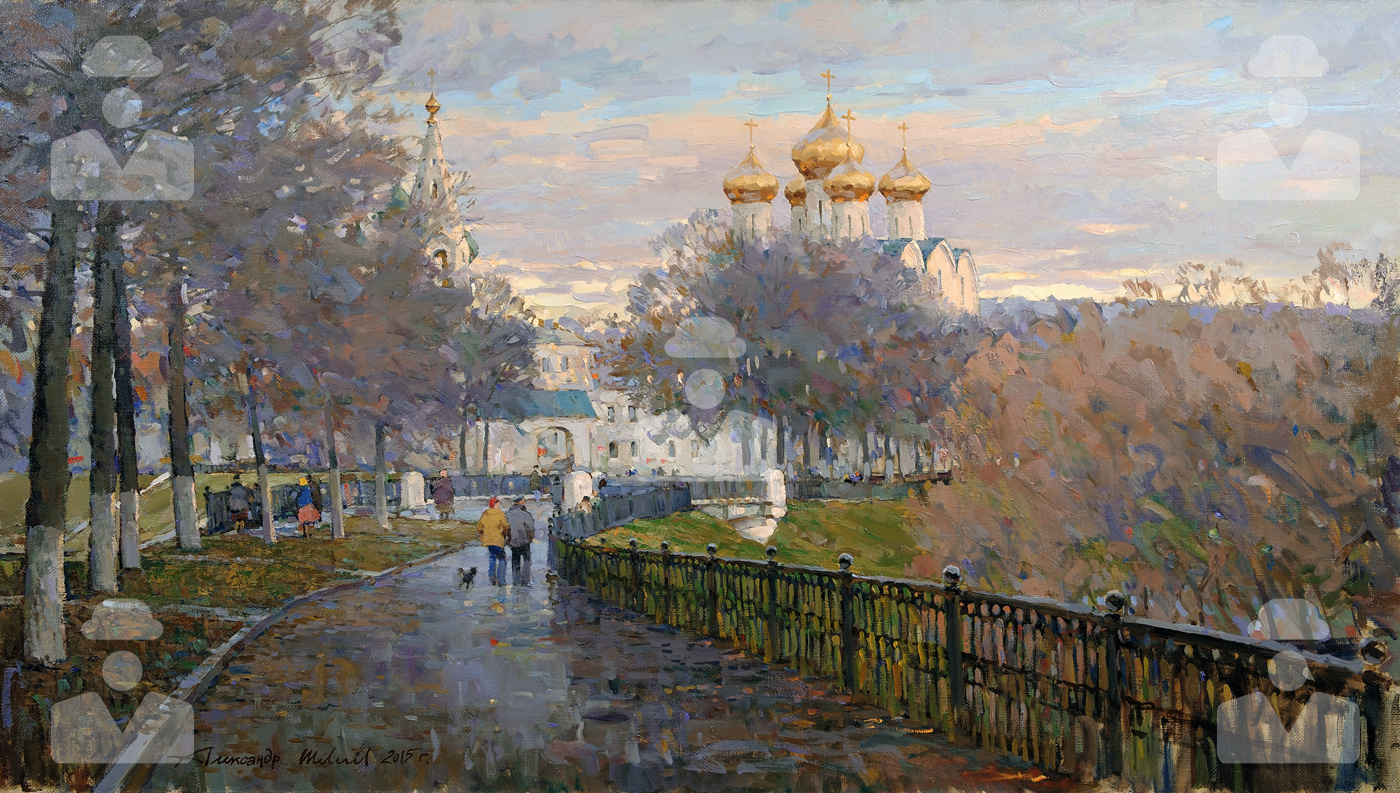 Alexander Viktorovich Shevelev. Mariä Himmelfahrt-Kathedrale und Kotoroslnaya-Damm in Jaroslawl. Öl auf Leinwand 60,5 x 106,5 cm 2015