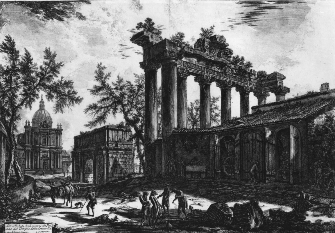 Giovanni Battista Piranesi. View of the temple of Saturn and triumphal arch of Septimius Severus in the Roman forum