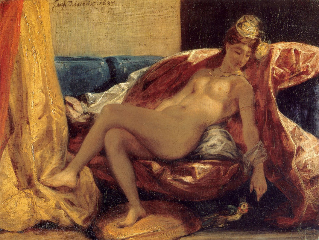 Eugene Delacroix. Reclining odalisque or woman with a parrot