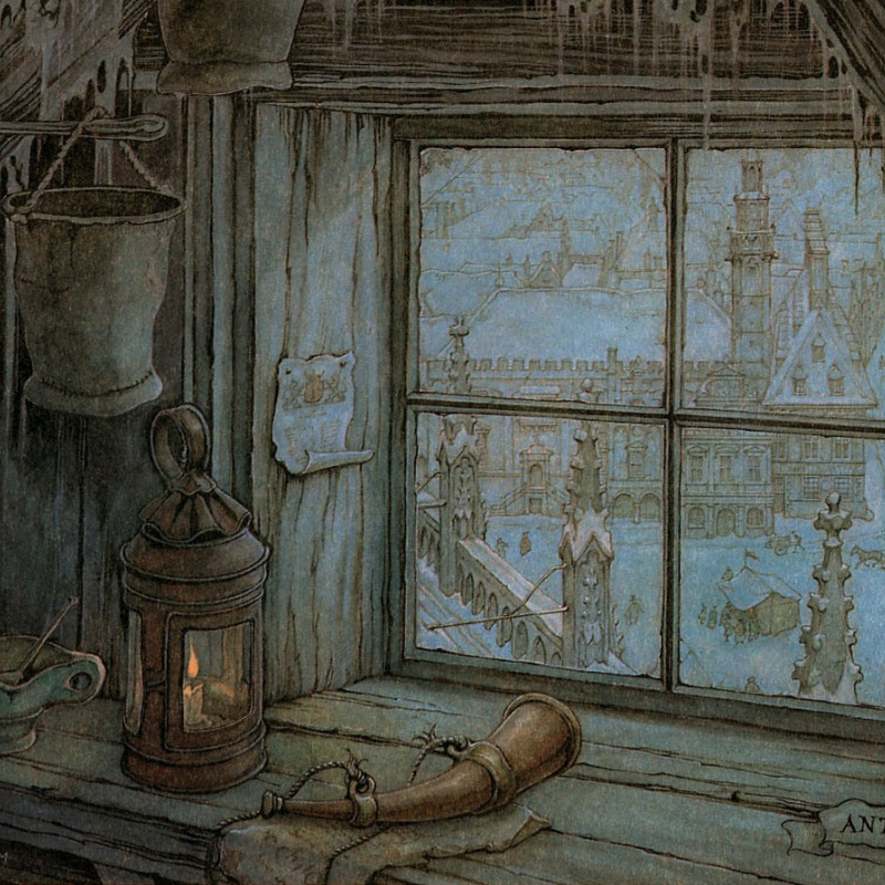 Artist at winter city street, 1950, 34×23 cm by Anton Pieck