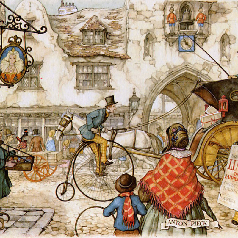 Anton Pieck City scene with passing crew, 1950: Description of the