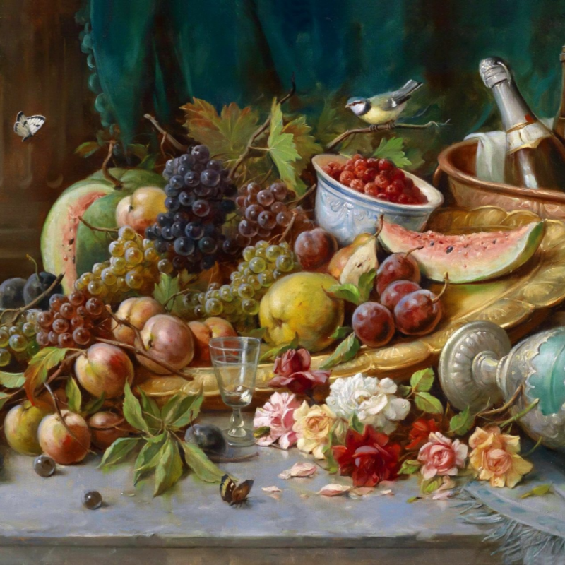 Hans Zack 与蝴蝶和鸟的大花卉静物画, 58×79 厘米：作品描述| Arthive