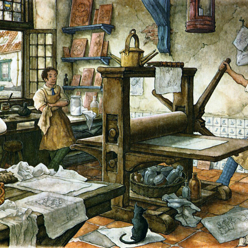 Artist at winter city street, 1950, 34×23 cm by Anton Pieck