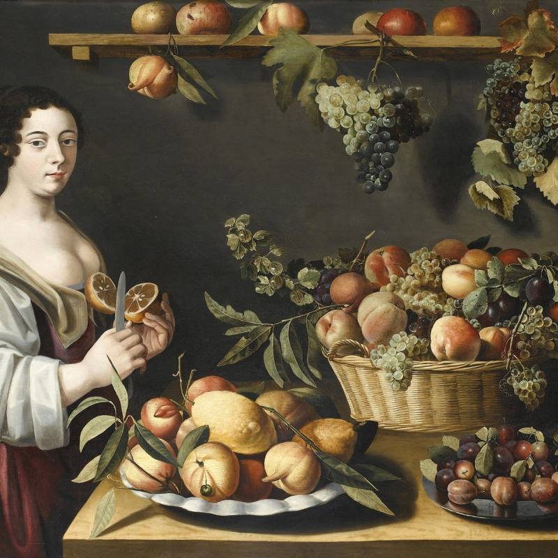 Louise Muayyon 与一碗的静物画库拉索岛桔子.634, 65×46 厘米：作品