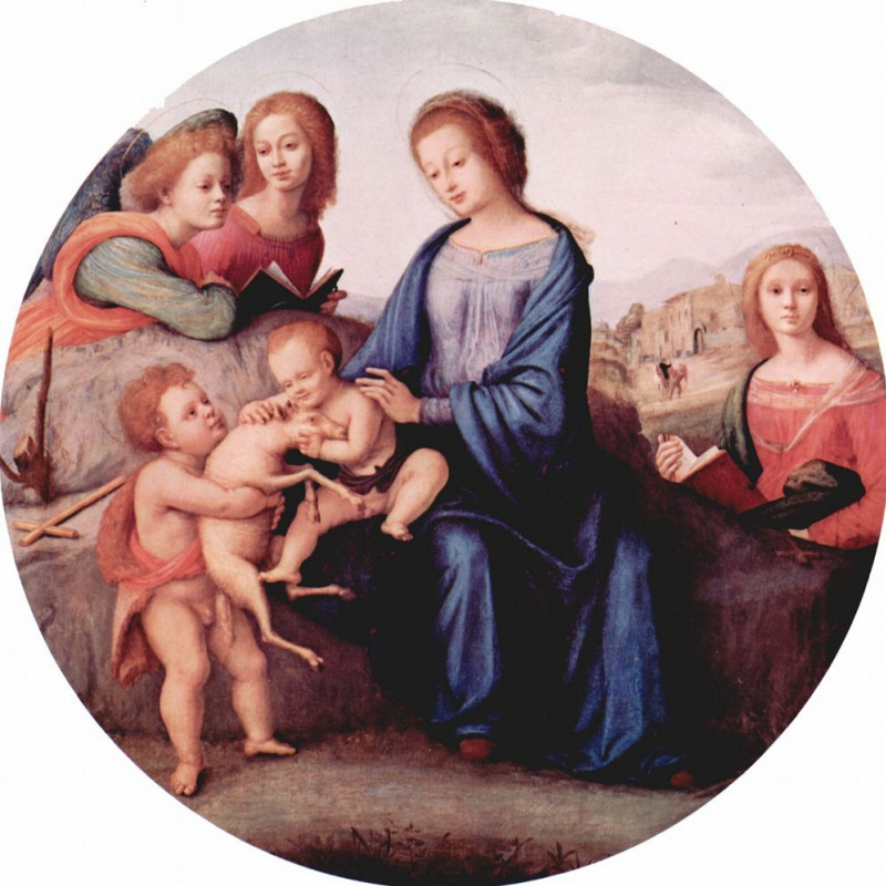 Piero di Cosimo. Madonna with John the Baptist, St. Margaret and angels, Tondo